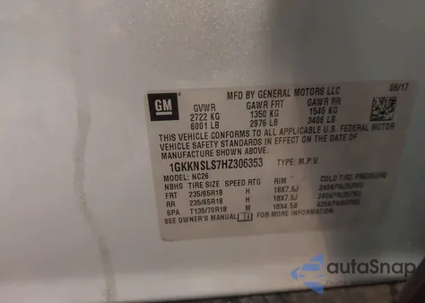 2017 GMC Acadia Sle-2 из США, поврежденный, VIN 1GKKNSLS7HZ306353